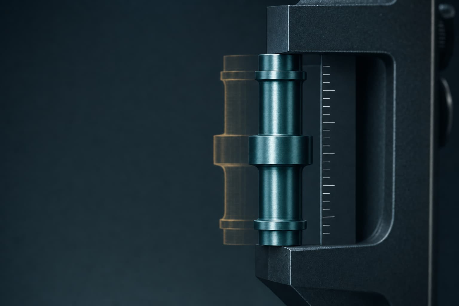 A machined part measured in a calibration instrument beside a ghosted amber copy that does not match.
