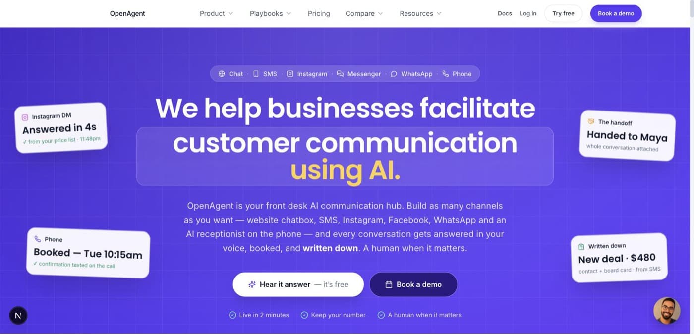 OpenAgent — A front desk AI communication hub answering chat, SMS, Instagram, WhatsApp and phone in your voice
