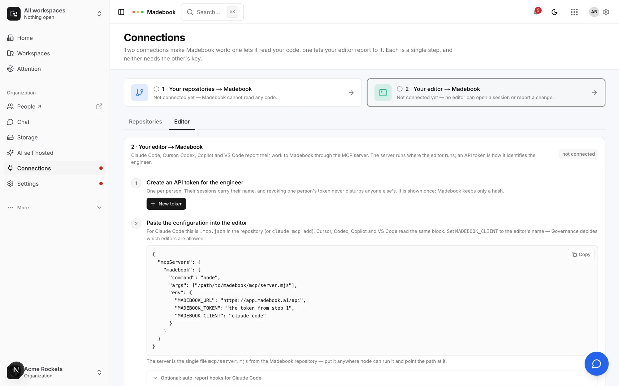 The Editor tab: a token, then the configuration to paste