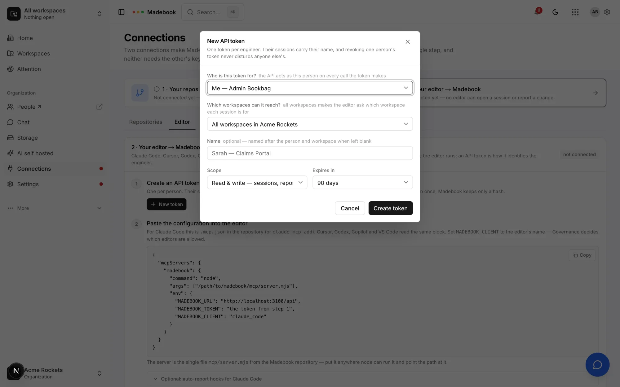 The token dialog, with assignee, workspace, permissions and expiry controls