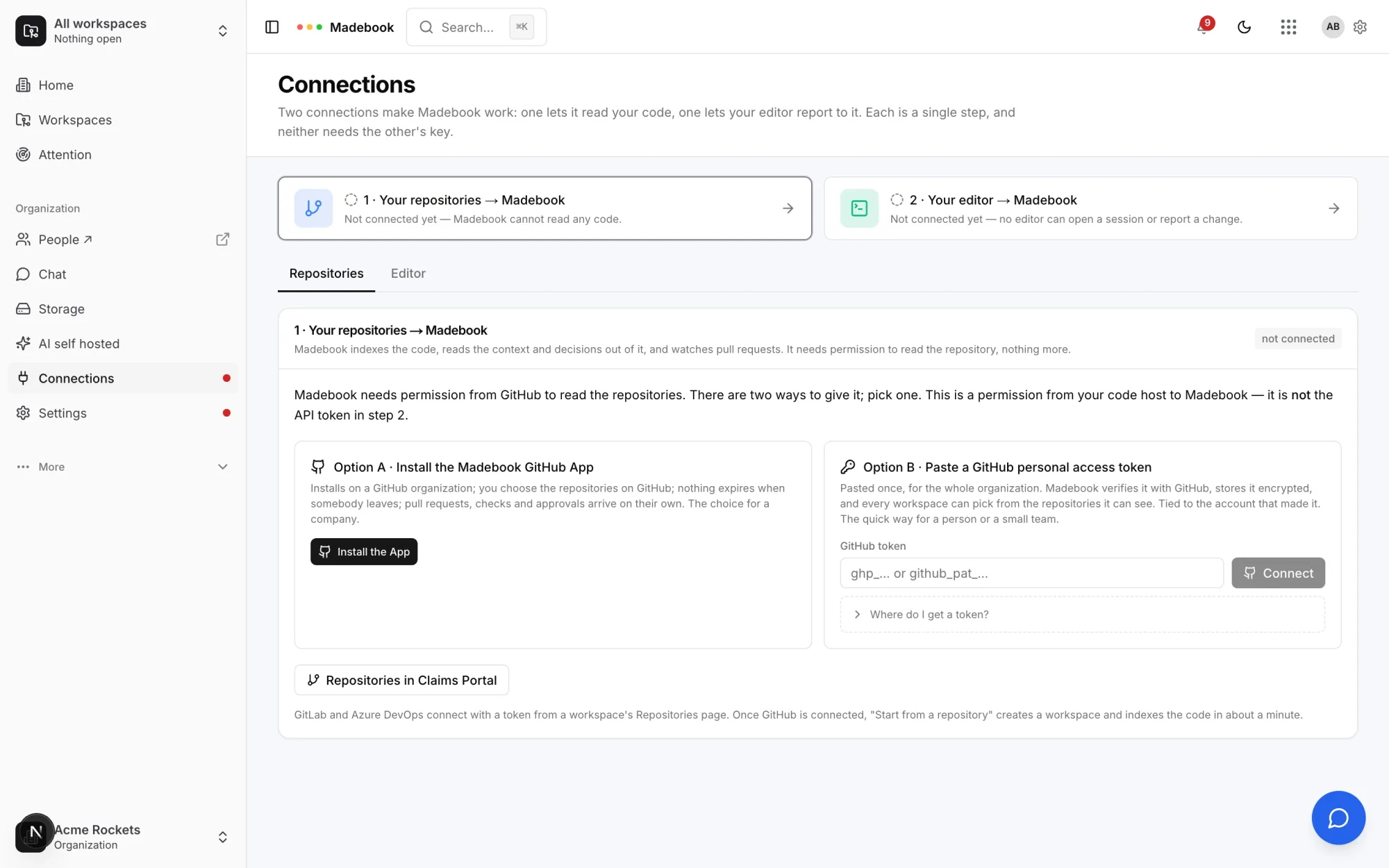 The Connections page, Repositories tab, before anything is connected