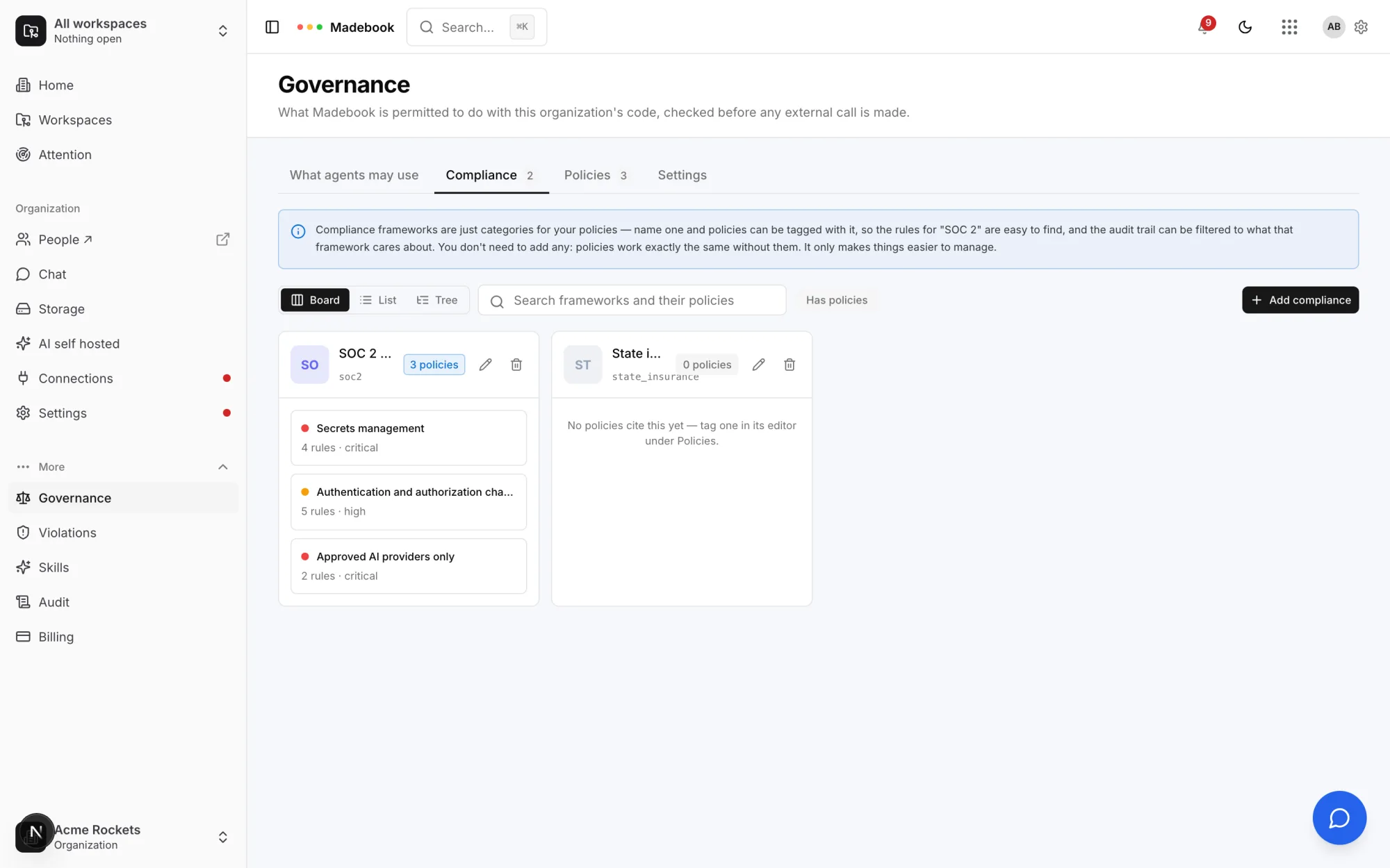The Compliance tab, with the pencil that opens a framework for editing