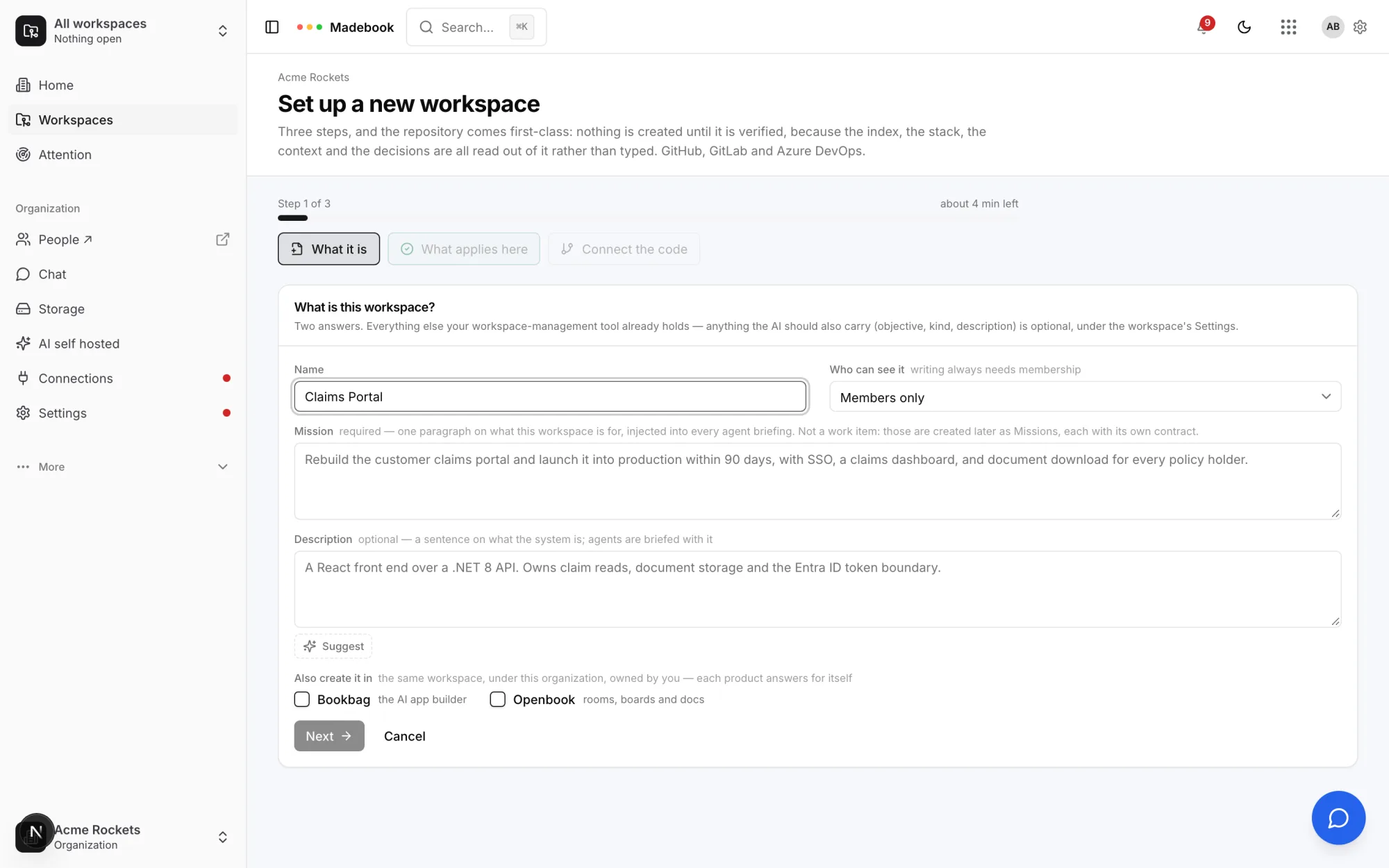 Step one of the walkthrough, with the "Also create it in" checkboxes at the bottom
